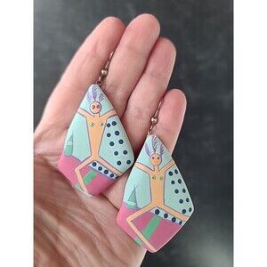 Bohemian Wooden Handpainted Dangling Earrings Vintage Costume Jewelry NOS